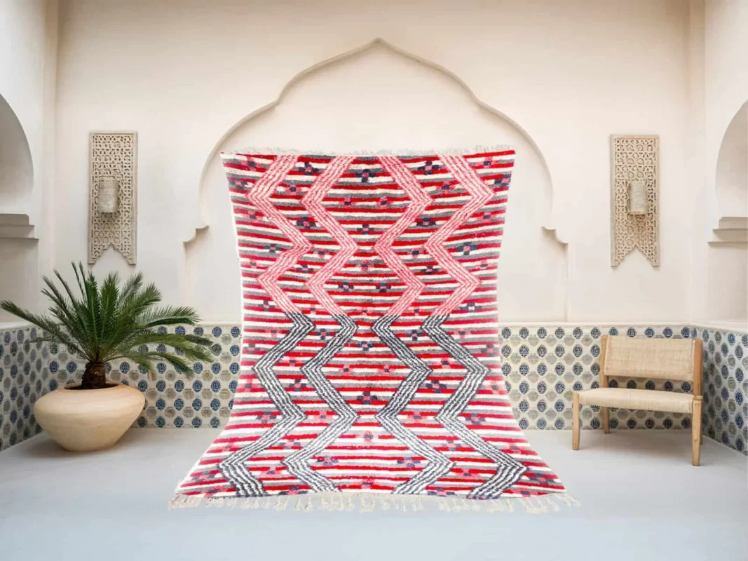 Anaruz Beni Ourain rug in red, pink and blue, handmade in Morocco