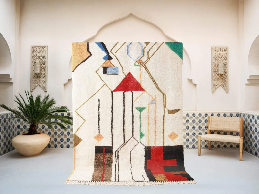 Bissara Beni Mrirt rug in white and multicolor, handmade in Morocco