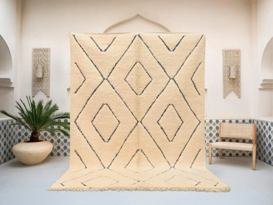 Damya Beni Ourain rug in light ivory and black, handmade in Morocco