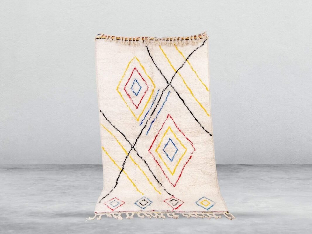 Fluffy Woven Rug Tamghart Beni Ourain rug in cream and multicolor, handmade in Morocco
