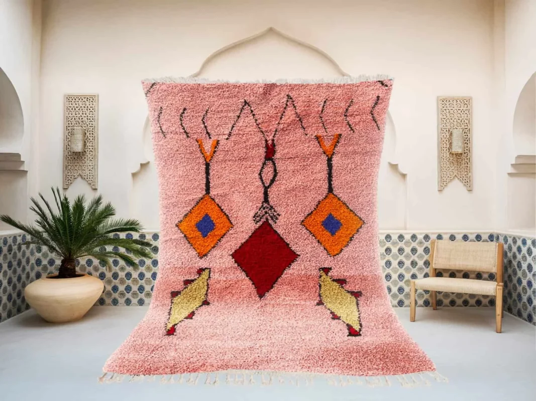 Idira Beni Ourain rug in baby pink, orange and mustard, handmade in Morocco
