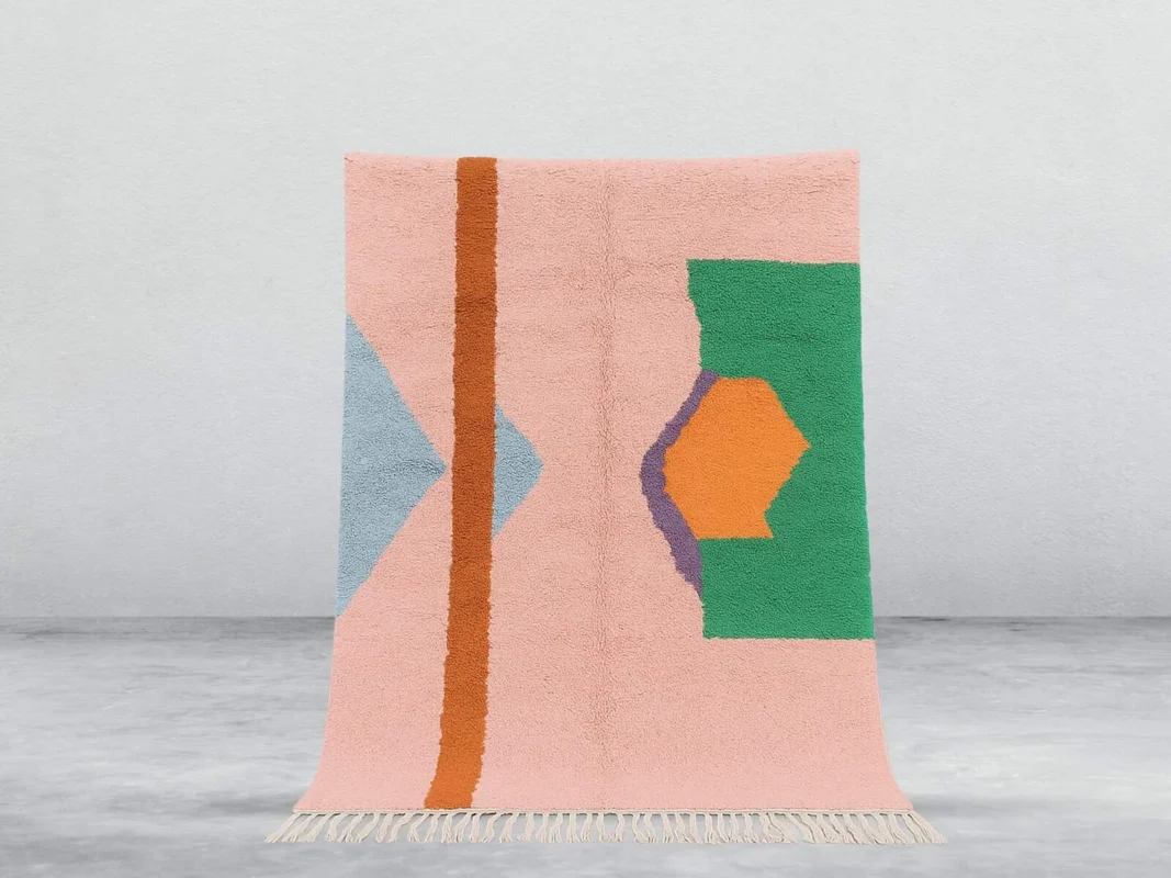 Illi Beni Ourain rug in baby pink, green, orange and blue, handmade in Morocco