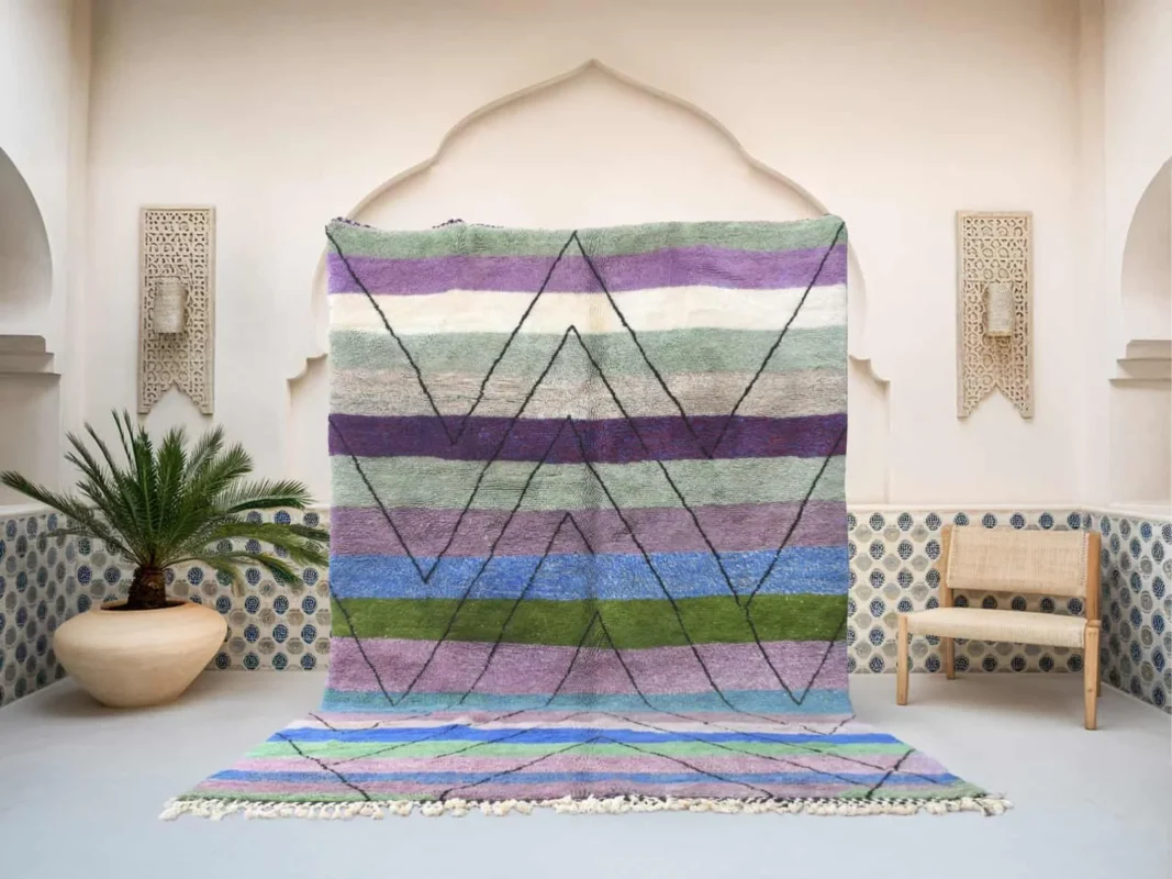 Lalla Beni Ourain rug in purple and multicolor, handmade in Morocco