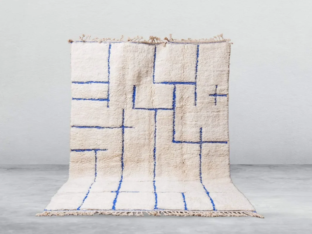 Lujayn Beni Ourain rug in white and blue, handmade in Morocco