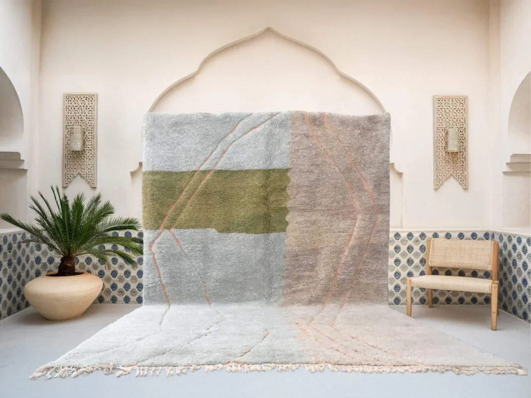 Nekkura Beni Ourain rug in light blue, grey and beige, handmade in Morocco