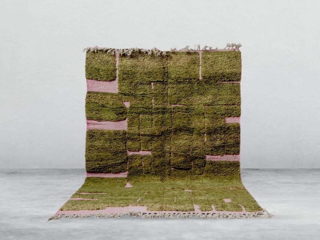 Olive Green Rug Beni Ourain rug in olive green and pink, handmade in Morocco