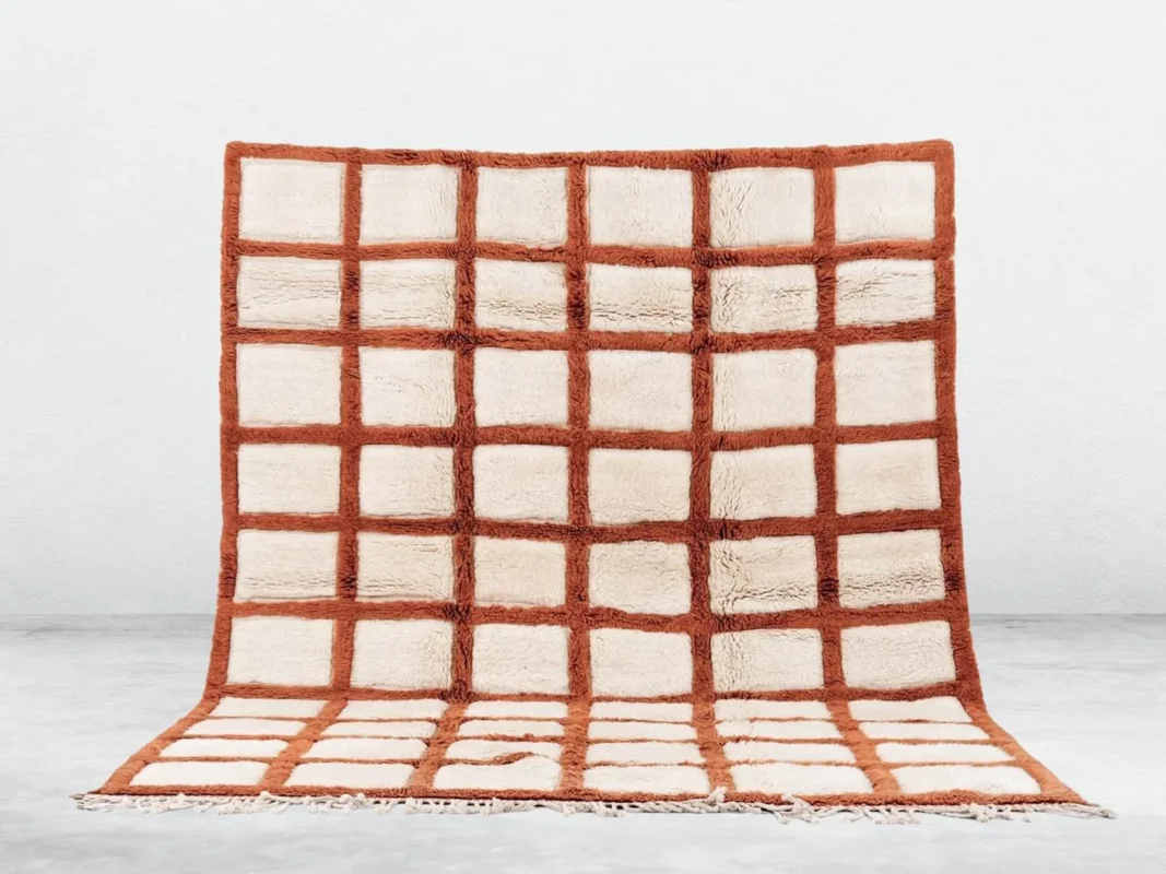 Safya Beni Ourain rug in rust and white, handmade in Morocco