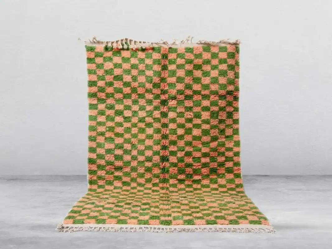 Silan Beni Ourain rug in pink and green, handmade in Morocco