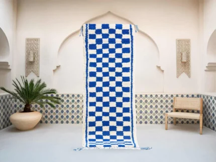 Tafat Moroccan Azilal runner rug in blue and white