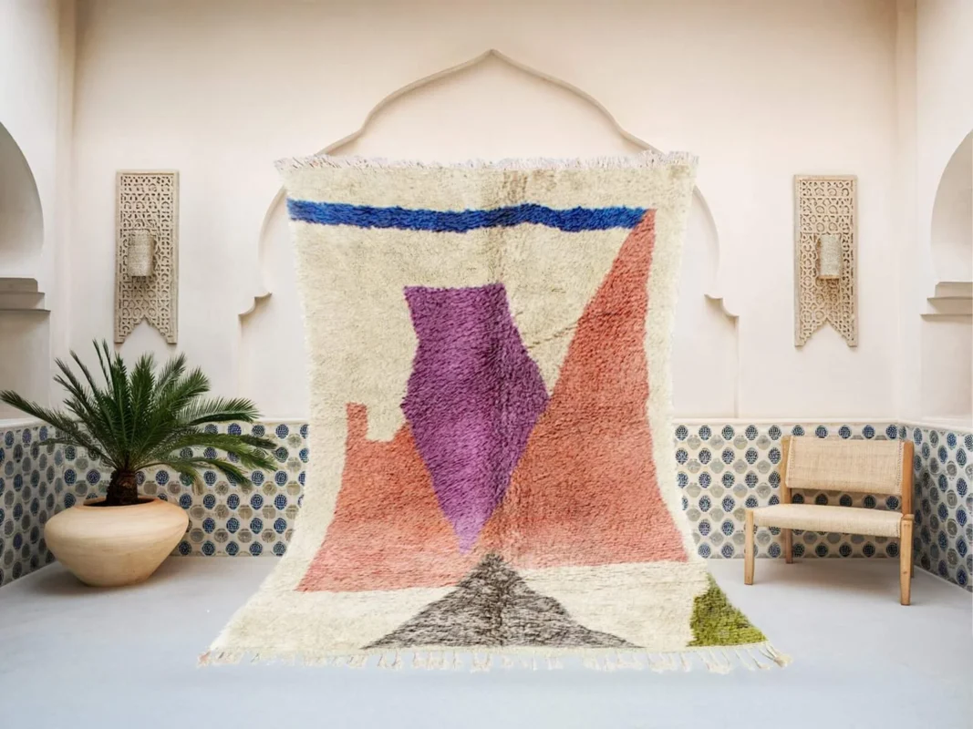 Tamasna Beni Ourain rug in white and multicolor, handmade in Morocco