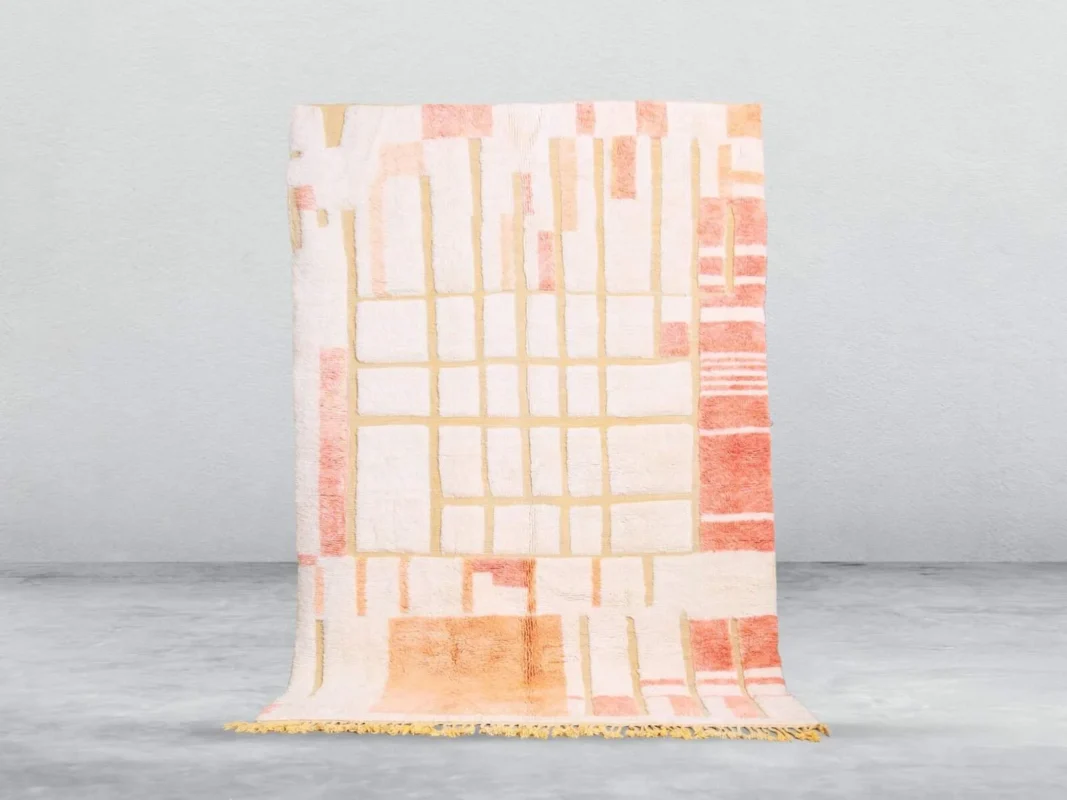 Tamunt Beni Ourain rug in white and orange, handmade in Morocco