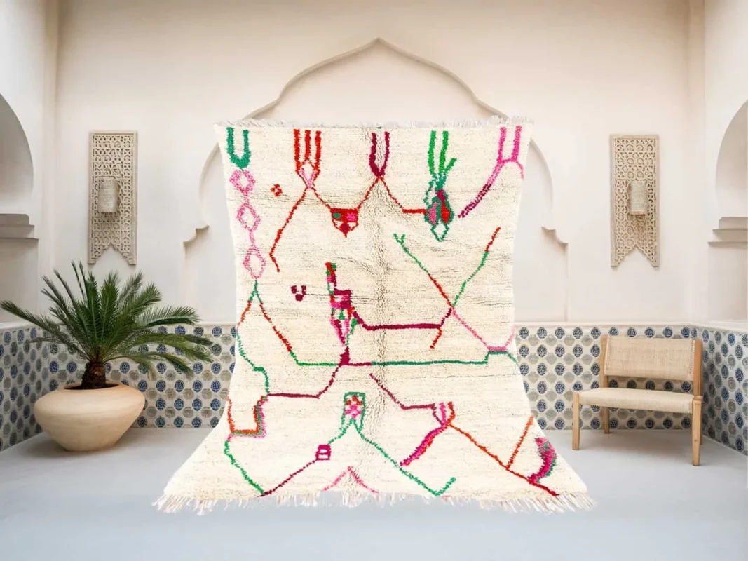 Tanamert Beni Ourain rug in white and multicolor, handmade in Morocco