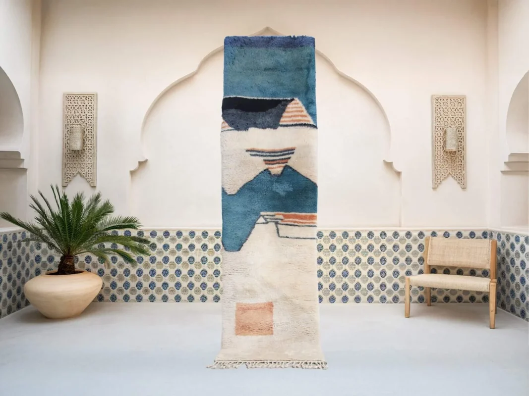 Tawenza Moroccan Berber runner rug in white, navy blue and black