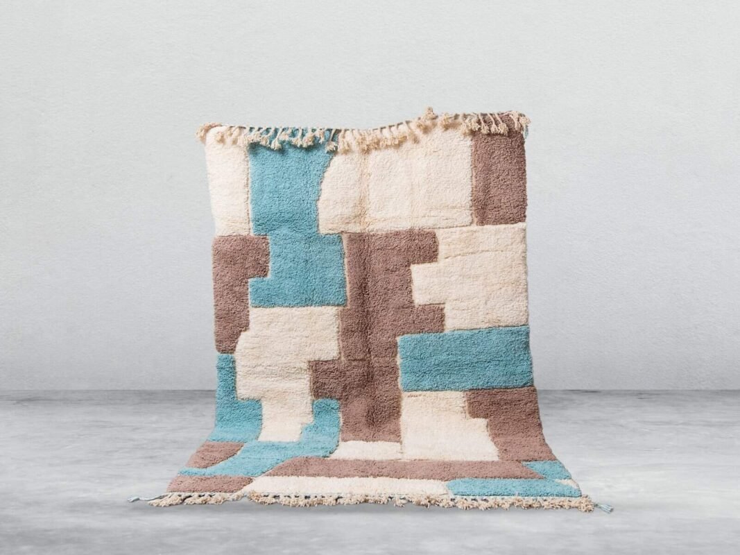 Tawnat Beni Ourain rug in white, brown and blue, handmade in Morocco