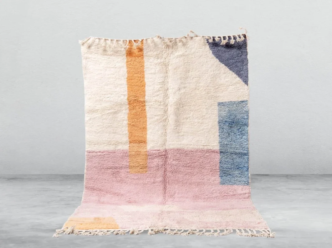 Tazargat Beni Ourain rug in white, pink, orange and grey, handmade in Morocco