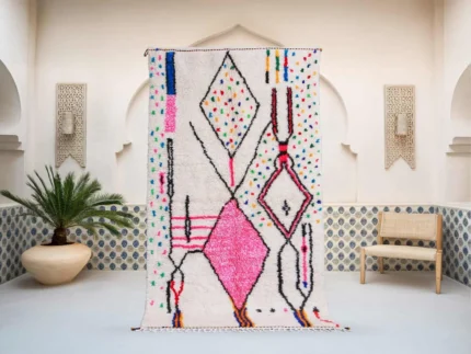 Tazirit Azilal rug in white and pink, handmade in Morocco