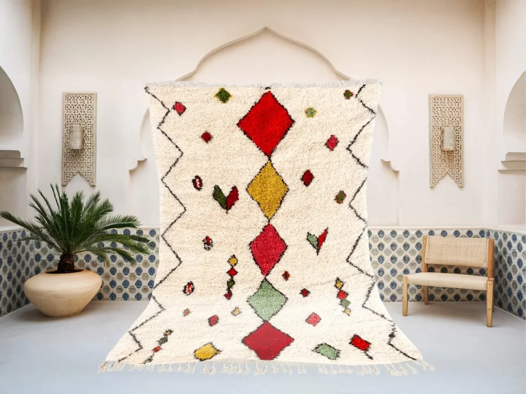 Tifrat Beni Ourain rug in white and multicolor, handmade in Morocco