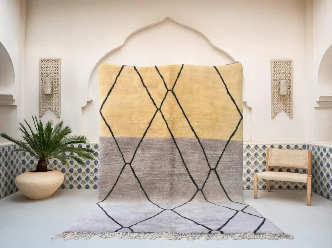Tihya Beni Ourain rug in grey, yellow and black, handmade in Morocco