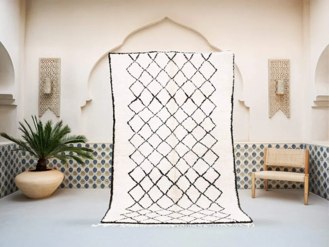 Tilelli Beni Ourain rug in white and black, handmade in Morocco