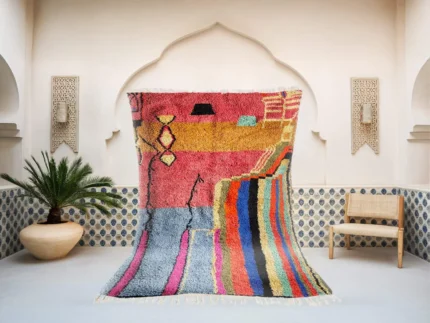 Tissulya Azilal rug in red, blue and multicolor, handmade in Morocco
