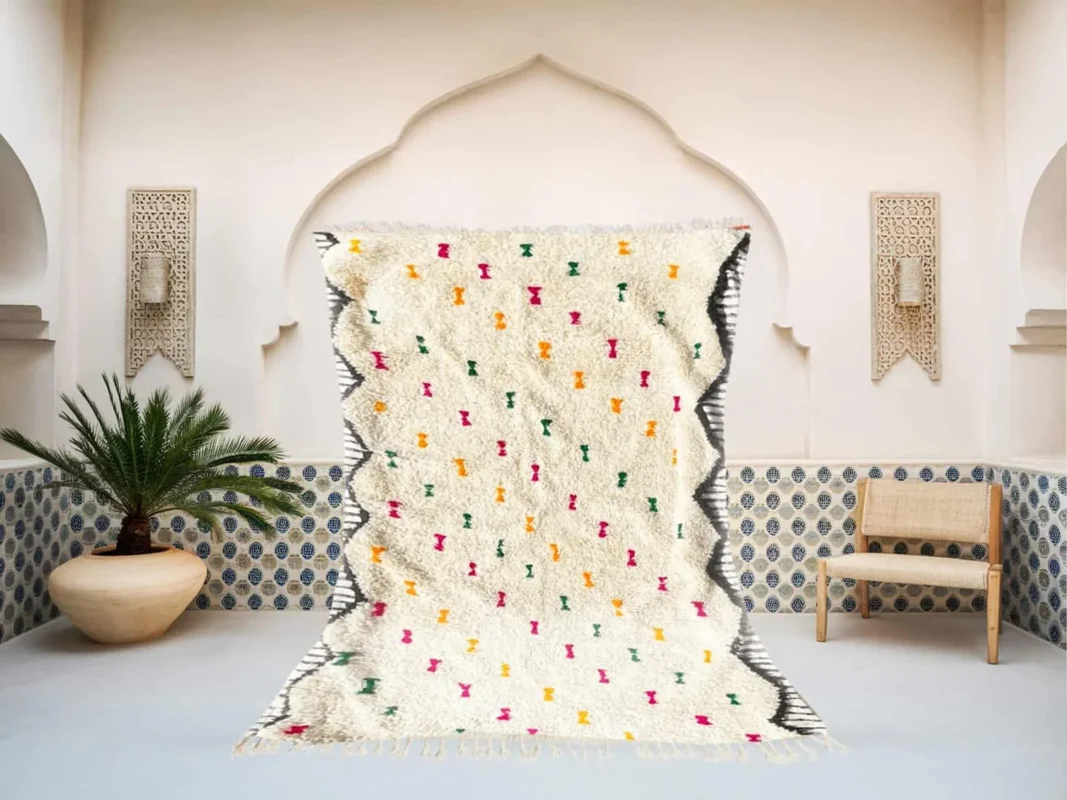 Tudsart Beni Ourain rug in light beige and multicolor, handmade in Morocco