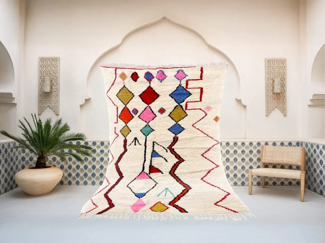 Tunaruz Beni Ourain rug in white and multicolor, handmade in Morocco